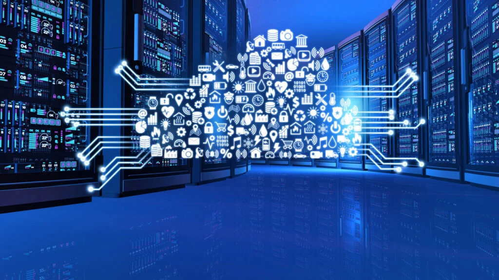 Network computers in futuristic server room with cloud computing services